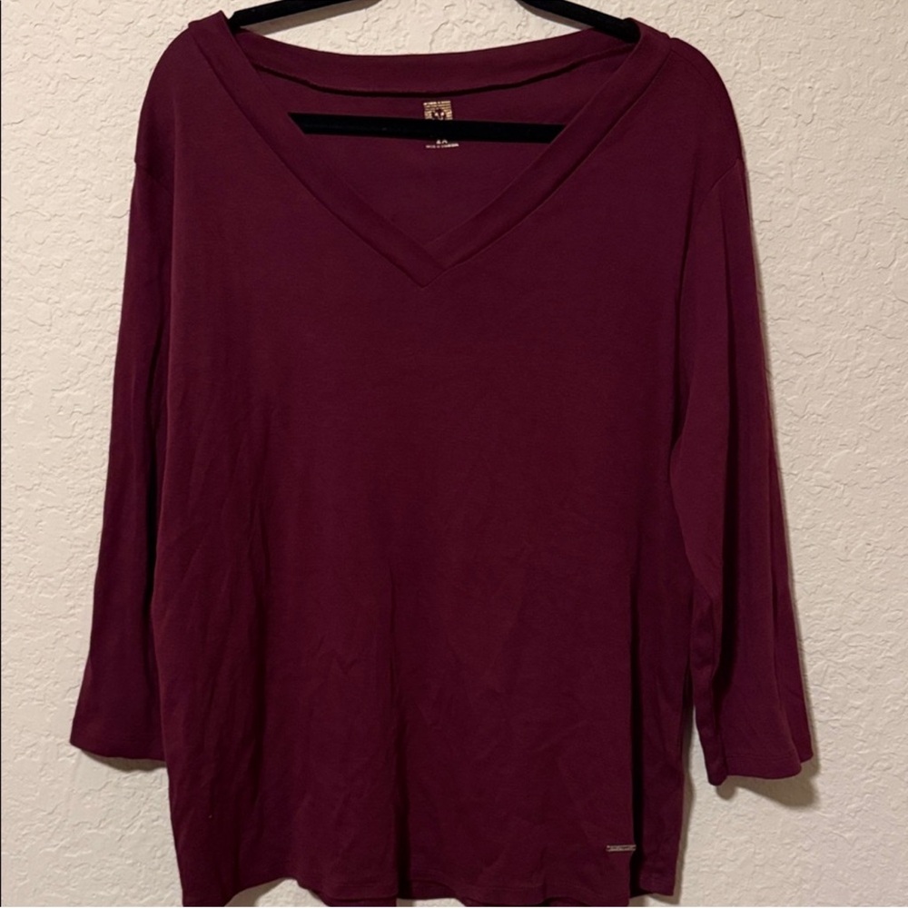 Anne Klein V-Neck Long Sleeve Top — Burgundy Plum